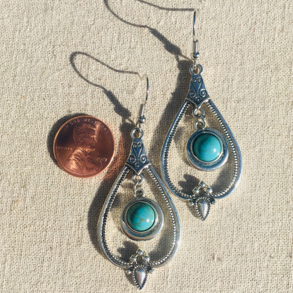 :: Elegant  Turquoise + Silver Drop Earrings - Picture 5 of 5